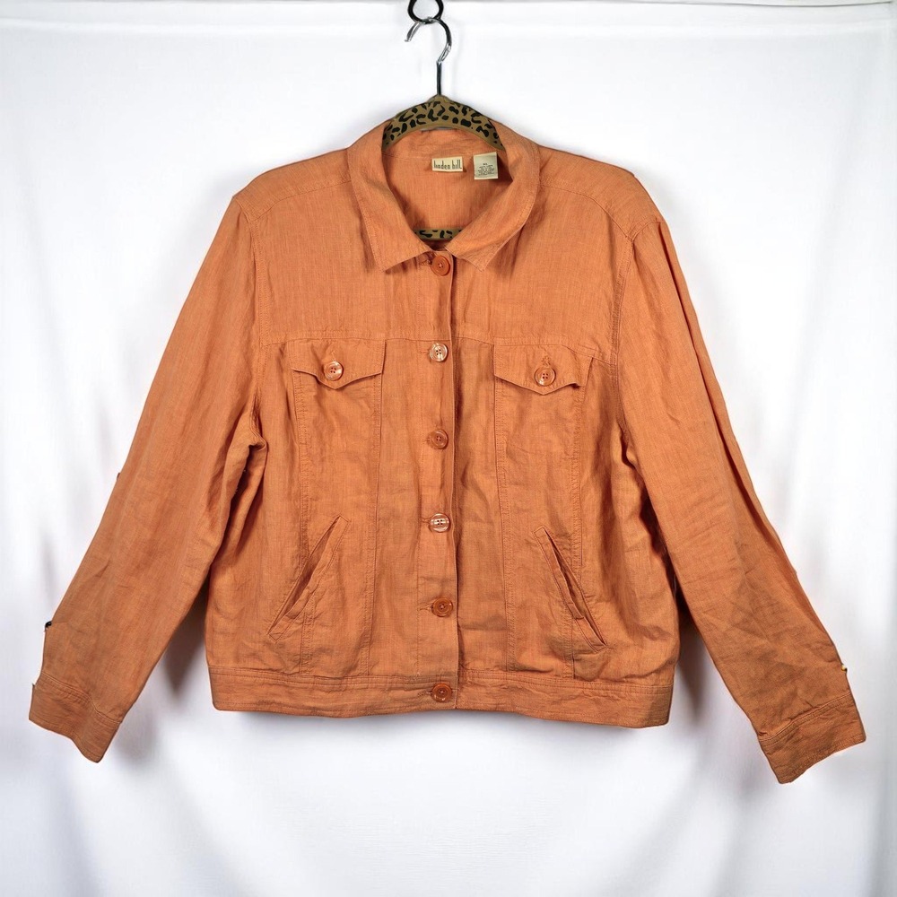 Linden Hill‎ Linen Jacket Woman Extra Large Orange Button Front Pockets Casual